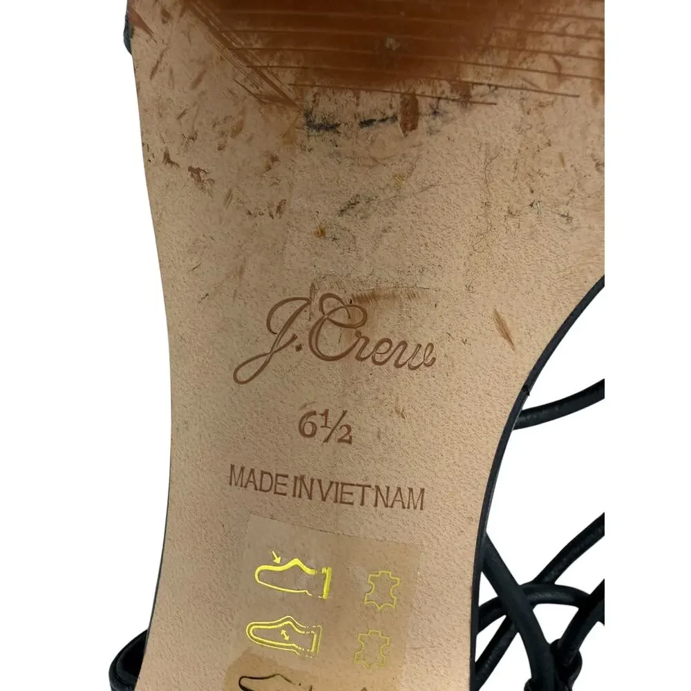J.Crew Leather Low Heel Lace Up Strappy Ankle Wrap Sandals Black Size 6.5